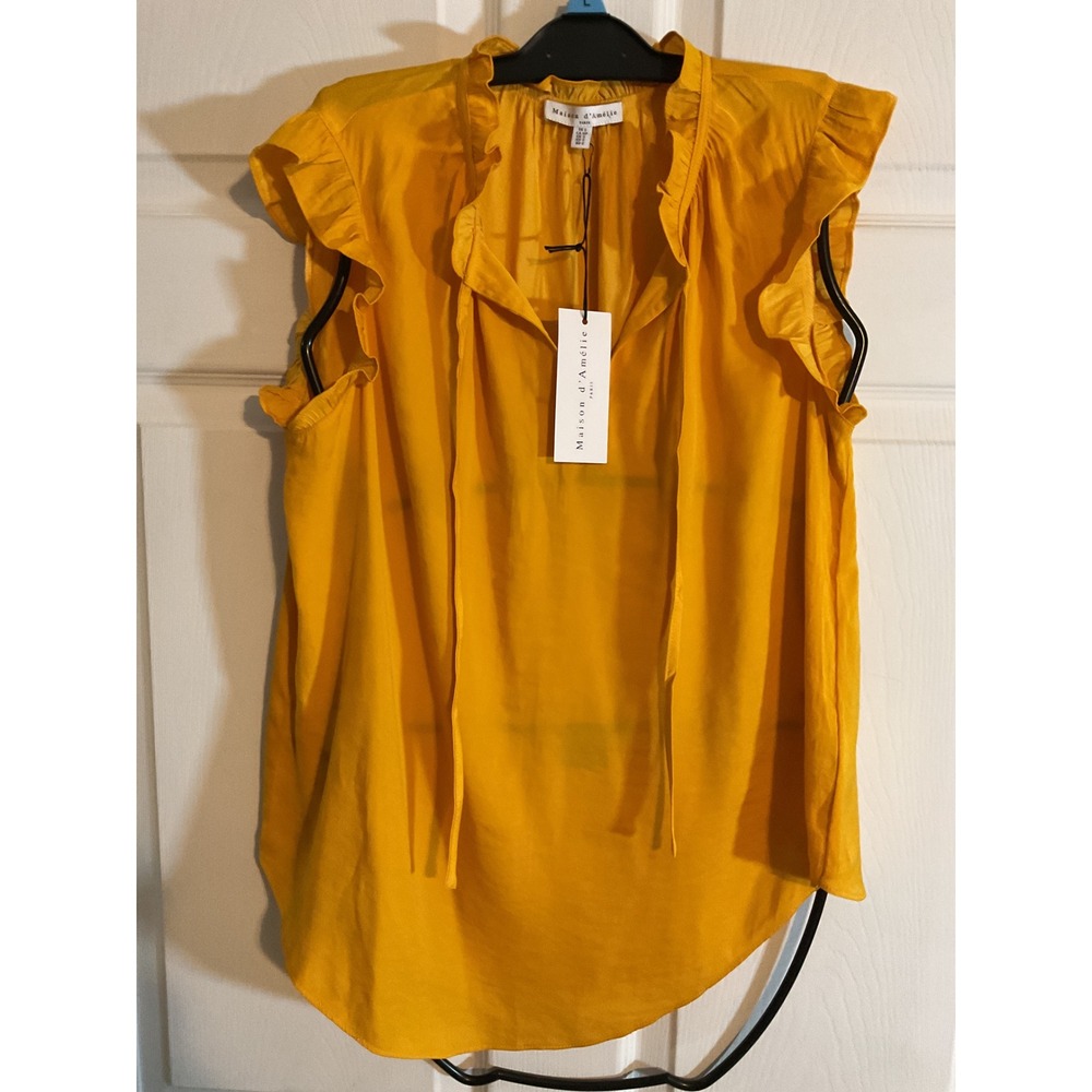 Maison dAmelie Paris Mustard Yellow Ruffle Tie Neck Blouse Top Size S